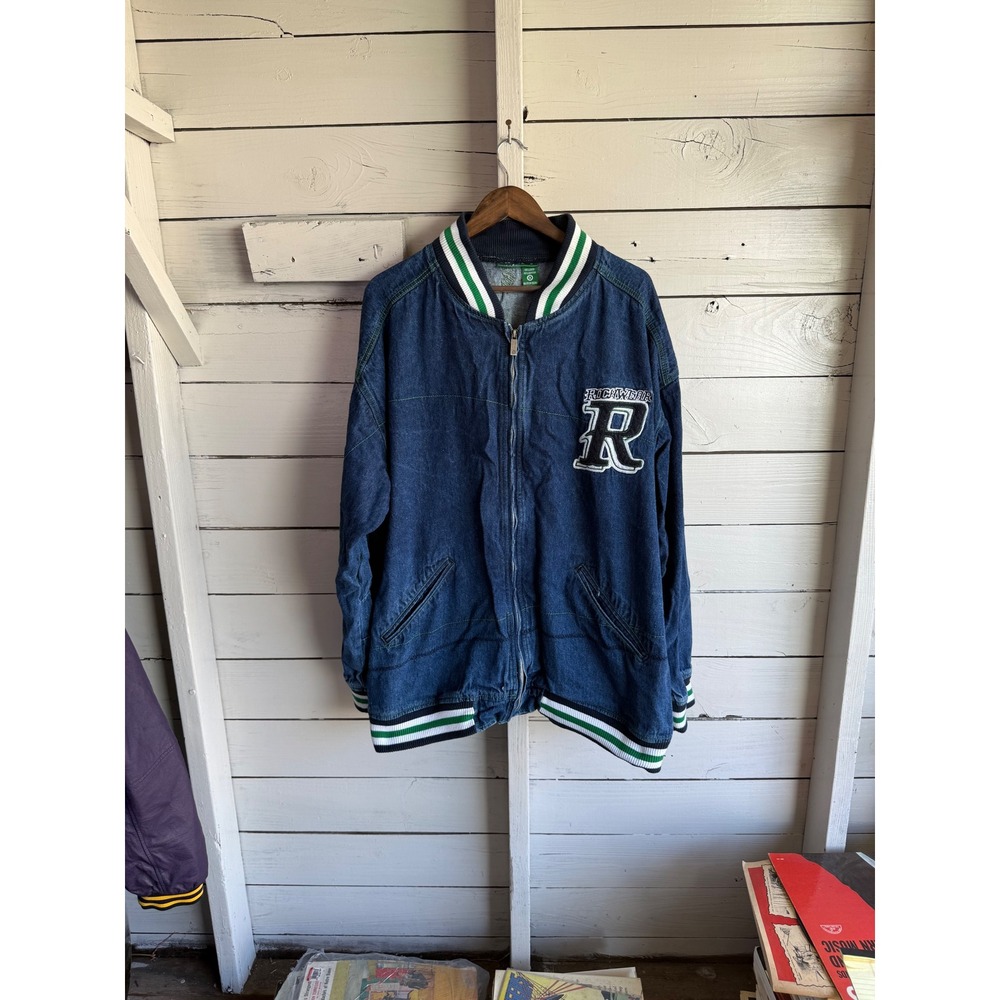 Vintage Rocawear Denim Varsity Jacket Blue Green White Striped Y2K Mens 3XL